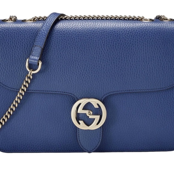 NWT GUCCI $3200 Dollar GG clasp Medium pebbled leather shoulder BAG Blue w cards - Picture 8 of 8